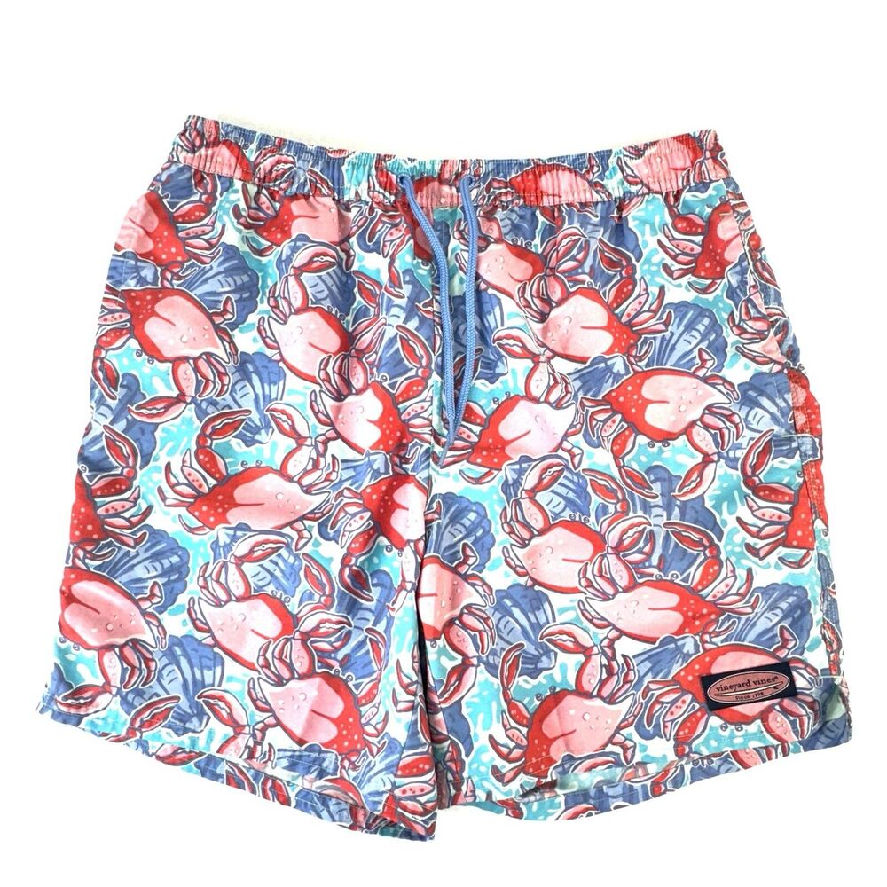 Vineyard Vines Mens Medium Swim Trunk Crab Shell Chappy Shorts Pink Blue 6.5"